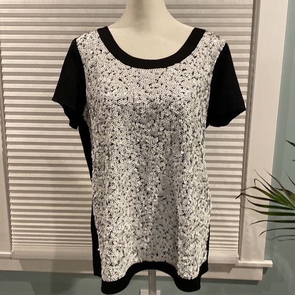 Ann Taylor Black Top covered in White Sequins - Picture 6 of 14